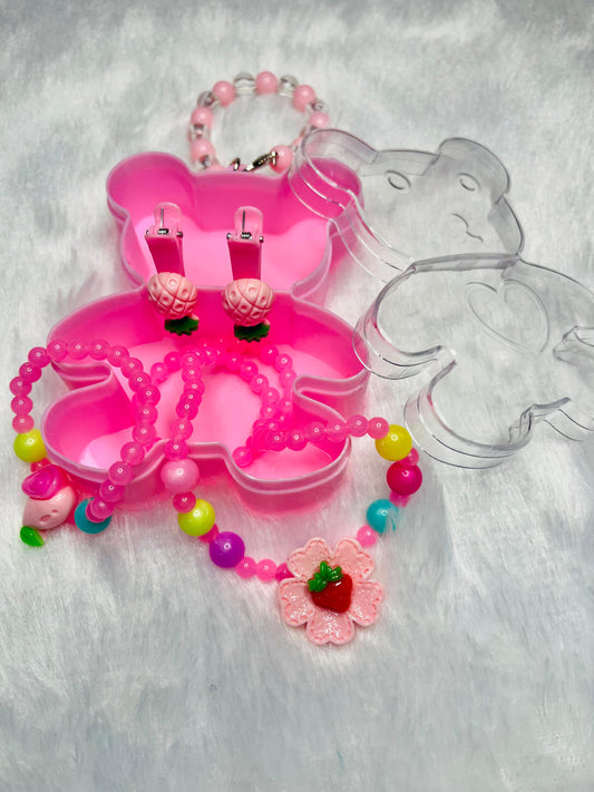 Pink Teddy Bear Jewelry Set for Girls – Beaded Necklace, Cute Pineapple Earrings &amp; Storage Case