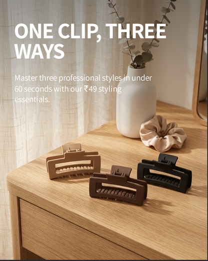 🖤 Matte Rectangle Hair Claw Clips for Women – Neutral Solid Color Clutcher Set (Black, Brown, Beige) – Strong Grip & Stylish Look - HRK250038
